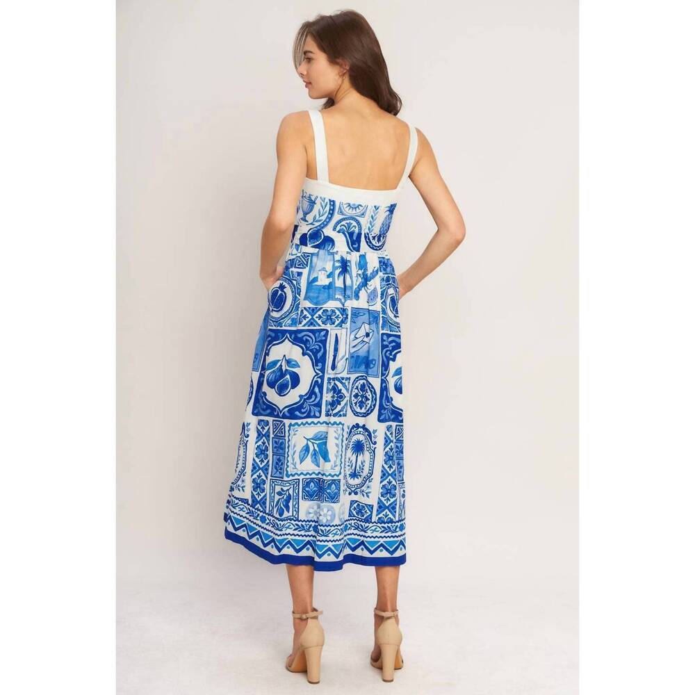 NEW FLYING TOMATO printed woven midi dress in blue - Picture 7 of 8